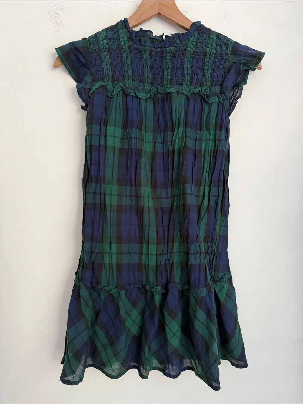 Vineyard Vines girls green Plaid Dress flutter sleeve ruffle smocked